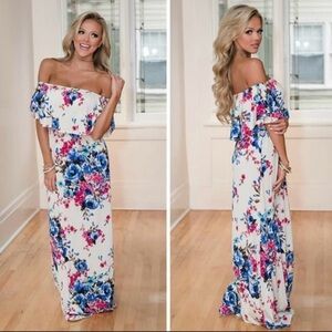 Bellamie Blue and Pink Floral Off-Shoulder Maxi Dress